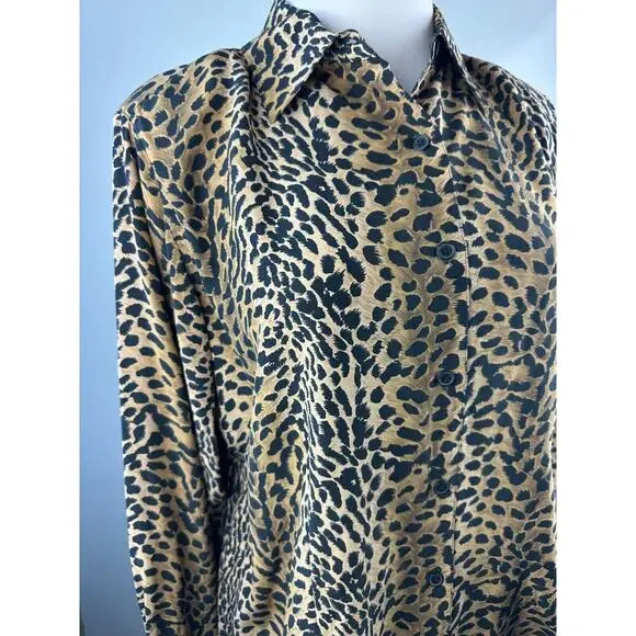 Vtg Silk Lore Beth Terrell Silk Cheetah Animal Print Button Blouse Plus Size 1X - Picture 4 of 10